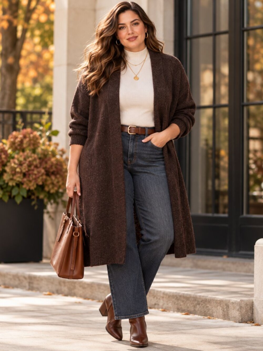 ELOQUII Cardigan Womens 14/16 Dark Brown Long Open Front Duster Sweater Plus